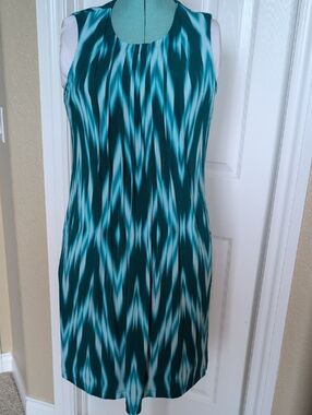 Calvin Klein Teal and White Sleeveless Midi Shift Dress